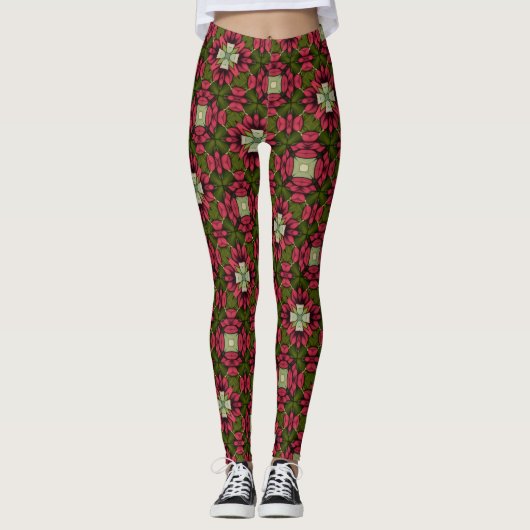  Red & Green Floral Kaleidoscope Leggings (Voorkant)