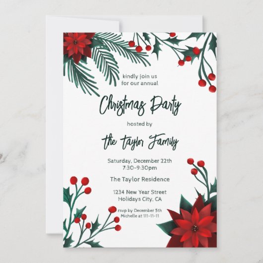 Red Green Floral met kerstmis, Pattern Invitati Kaart (Voorkant)