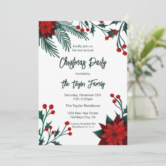 Red Green Floral met kerstmis, Pattern Invitati Kaart (Staand voorkant)