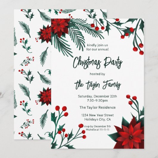 Red Green Floral met kerstmis, Pattern Invitati Kaart (Voorkant / Achterkant)