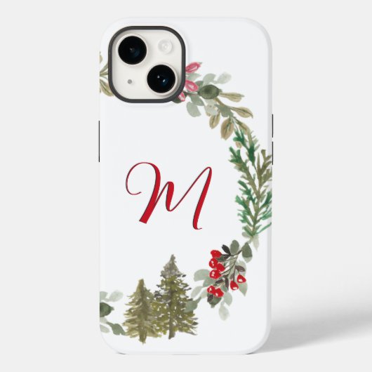 Red Green Floral Monogram Kerstmis Case-Mate iPhone Case (Achterkant)