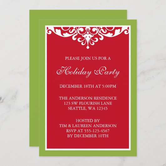 Red Green Flourish Scroll Kerstfeestdag Kaart (Voorkant / Achterkant)