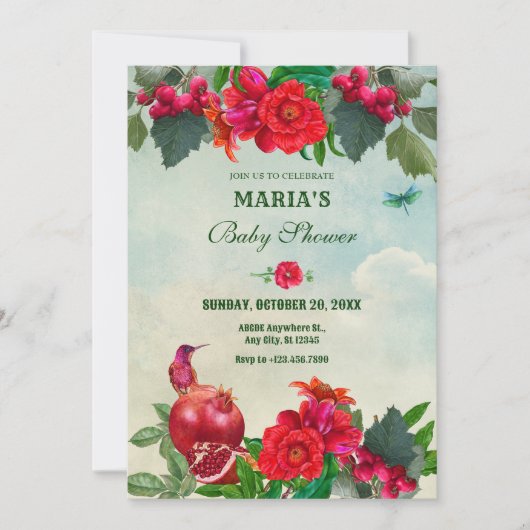 Red Green Flowers Bird Retro baby shower Kaart (Voorkant)