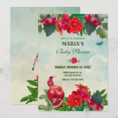 Red Green Flowers Bird Retro baby shower Kaart (Voorkant / Achterkant)