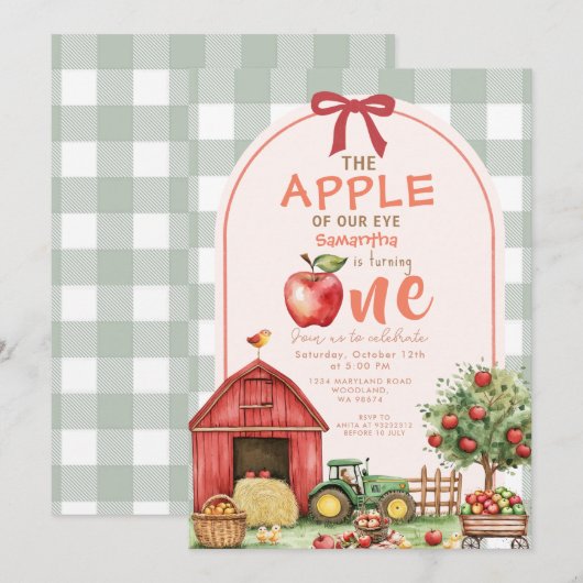 Red Green Gingham Apple Waterverf eerste verjaarda Kaart (Voorkant / Achterkant)