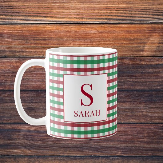 Red & Green Gingham Plaid Monogram Name Koffiemok