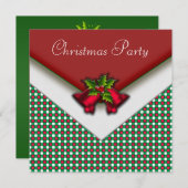 Red Green Gingham Red Bells Holly Kerstfeest Kaart (Voorkant / Achterkant)