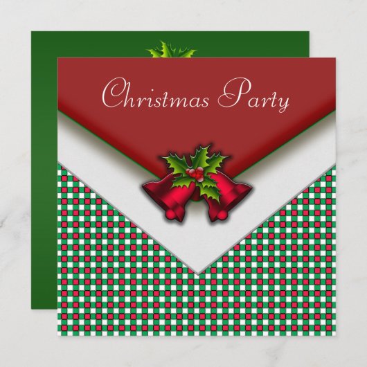 Red Green Gingham Red Bells Holly Kerstfeest Kaart (Voorkant / Achterkant)