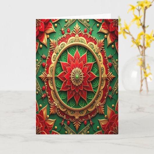 Red Green Gold Decorative Holiday Card Kaart (Gele Bloem)