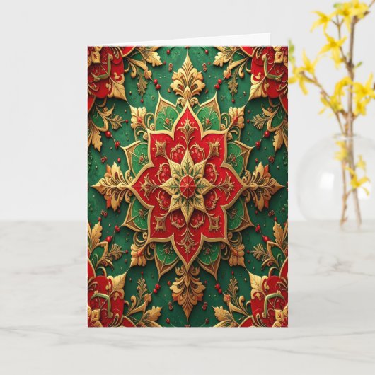 Red Green Gold Decorative Holiday Card Kaart (Gele Bloem)