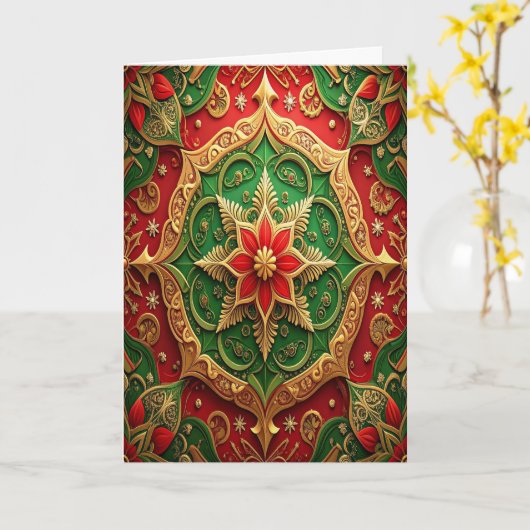 Red Green Gold Decorative Holiday Card Kaart (Gele Bloem)