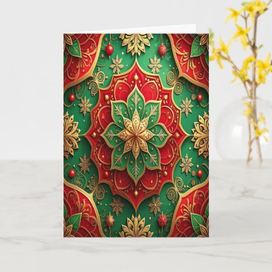Red Green Gold Decorative Holiday Card Kaart (Gele Bloem)