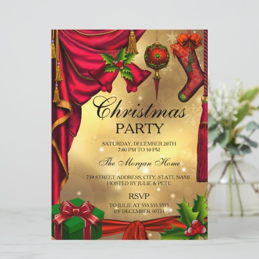 Red Green Gold feestelijke kerstfeestdag uitnodigi Kaart (Staand voorkant)