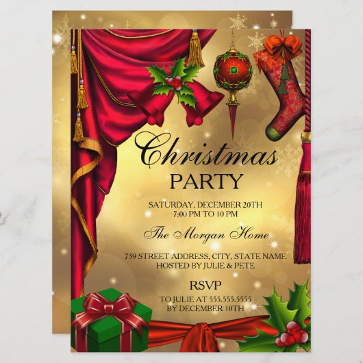 Red Green Gold feestelijke kerstfeestdag uitnodigi Kaart (Voorkant / Achterkant)