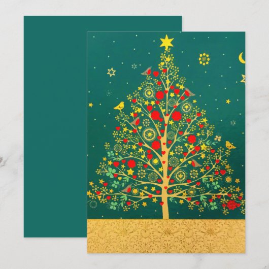 Red Green Gold Glitter Chrismas Winter Bird Tree Aankondiging (Voorkant / Achterkant)
