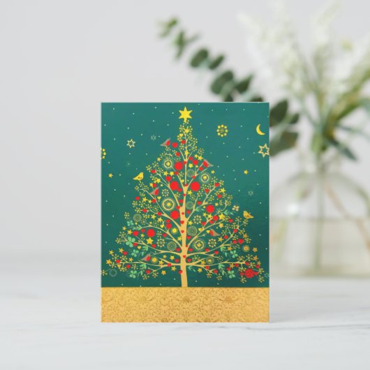 Red Green Gold Glitter Chrismas Winter Bird Tree Briefkaart (Staand voorkant)