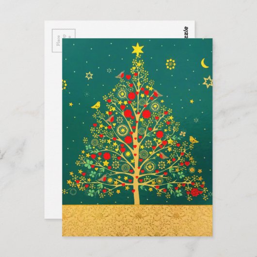 Red Green Gold Glitter Chrismas Winter Bird Tree Briefkaart (Voorkant / Achterkant)