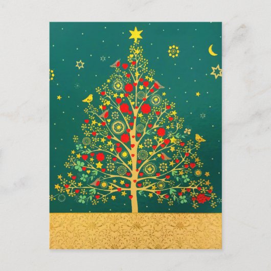 Red Green Gold Glitter Chrismas Winter Bird Tree Briefkaart (Voorkant)
