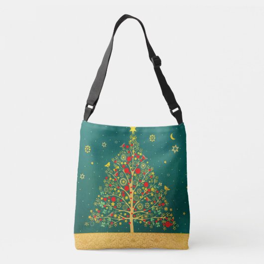 Red Green Gold Glitter Chrismas Winter Bird Tree Crossbody Tas (Achterkant)