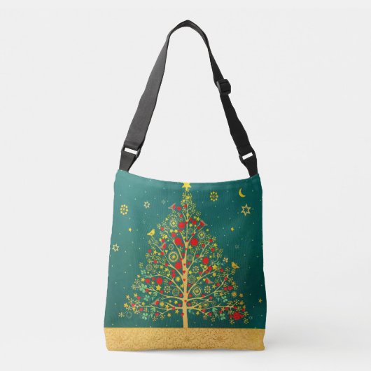 Red Green Gold Glitter Chrismas Winter Bird Tree Crossbody Tas (Voorkant)