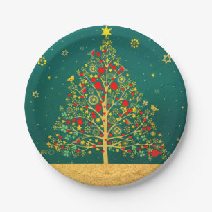 Red Green Gold Glitter Chrismas Winter Bird Tree Papieren Bordje