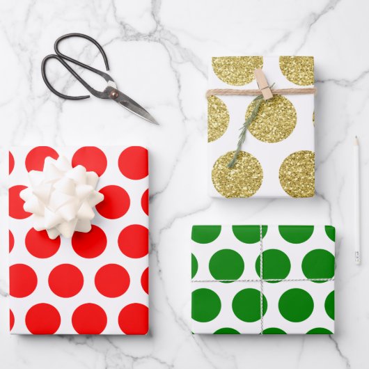 Red Green Gold Glitter Polka Dot Kerstmis Inpakpapier Vel (Voorkant)