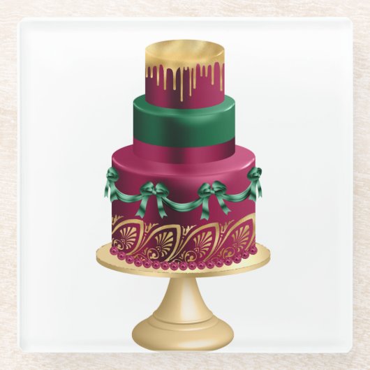 RED GREEN & GOLD HOLIDAY CHRISTMAS CAKE GLAZEN ONDERZETTER (Voorkant)