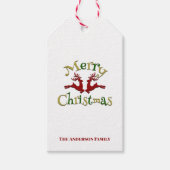 Red Green Gold Merry-kerstrenrendiertje Cadeaulabel (Voorkant)