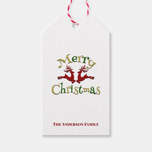 Red Green Gold Merry-kerstrenrendiertje Cadeaulabel (Voorkant)