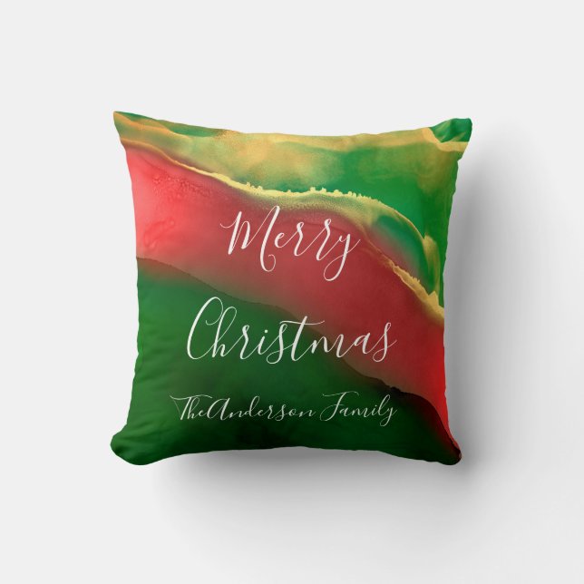Red Green Gold Monogram Merry kerst Kussen (Voorkant)