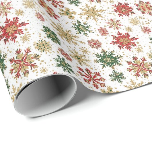 Red, Green & Gold Snowflake Pattern Cadeaupapier (Rol Hoek)