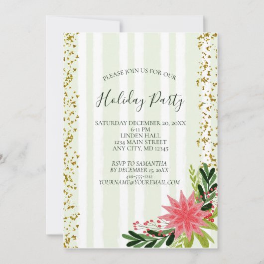 Red Green Gold Sparkle Poinsettia Holiday Partij Kaart (Voorkant)