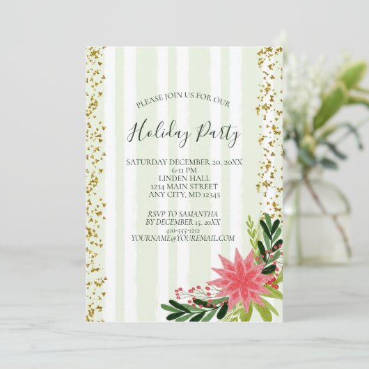 Red Green Gold Sparkle Poinsettia Holiday Partij Kaart (Staand voorkant)