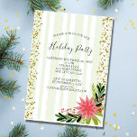 Red Green Gold Sparkle Poinsettia Holiday Partij Kaart<br><div class="desc">Groene en Witte Stripe met gouden muggen en een poinsettia kerstfeestdag uitnodiging. Alle velden kunnen worden gepersonaliseerd.</div>