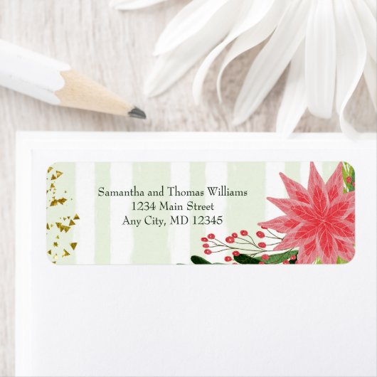 Red Green Gold Sparkle Poinsettia kerst terugkeren Etiket (Insitu)