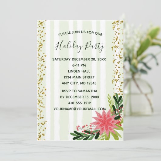 Red Green Gold Sparkle Poinsettia Kerstmis Kaart (Staand voorkant)