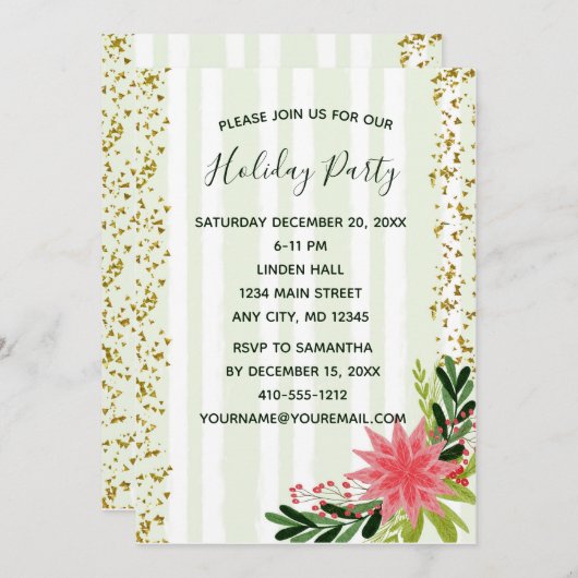 Red Green Gold Sparkle Poinsettia Kerstmis Kaart (Voorkant / Achterkant)