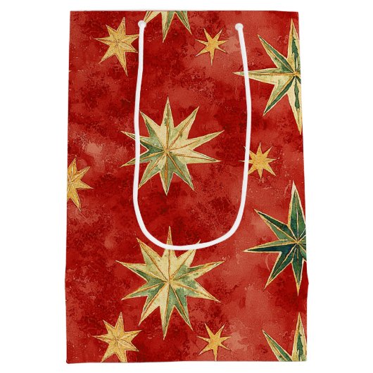 Red Green Gold Stars Christmas Medium Cadeauzakje (Achterkant)
