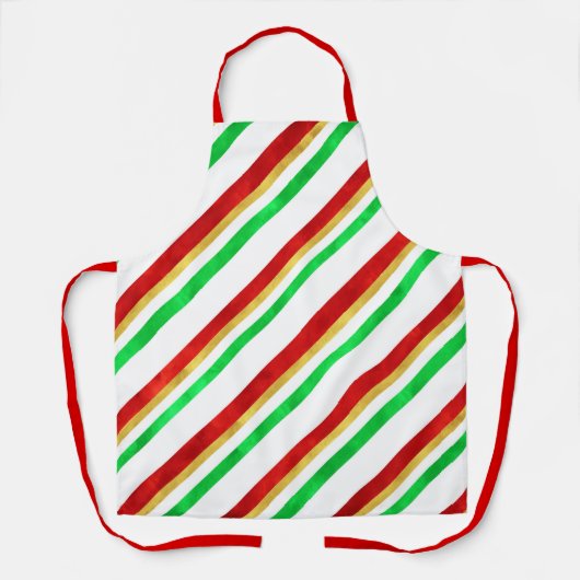 Red Green Gold Waterverf Candy Cane Stripes Schort (Voorkant)