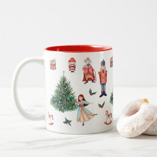 Red Green Grey Waterverf Cute Nutcracker Holiday Tweekleurige Koffiemok (Met donut)