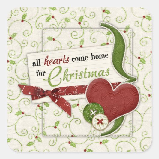 Red Green Hearts Holly Holiday Envelope Seal Vierkante Sticker (Voorkant)