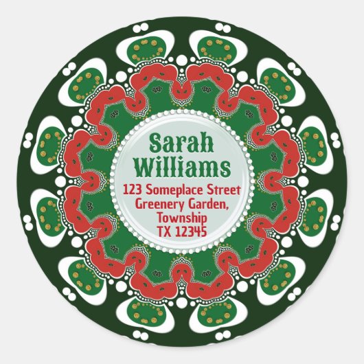 Red Green Holiday Mandala w/ Custom Text Name Addr Ronde Sticker (Voorkant)