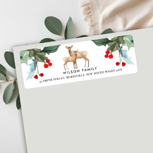 RED GREEN HOLLY BERRY DEER DUO NIEUW JAAR ADRES ETIKET