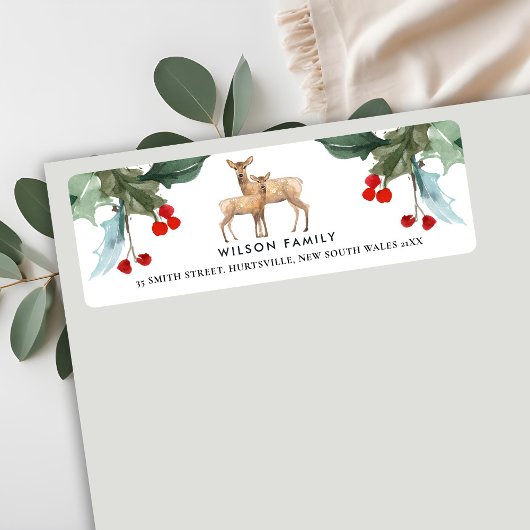 RED GREEN HOLLY BERRY DEER DUO NIEUW JAAR ADRES ETIKET