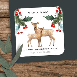 RED GREEN HOLLY BERRY DEER DUO NIEUW JAAR ADRES VIERKANTE STICKER
