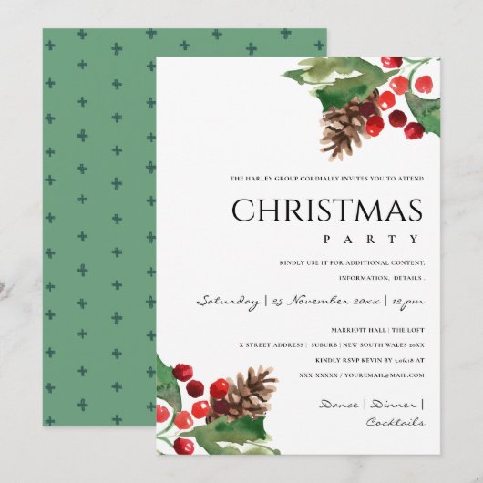 RED GREEN HOLLY BERRY PINE CONE KERSTFEEST FEESTDAGENKAART (Voorkant / Achterkant)