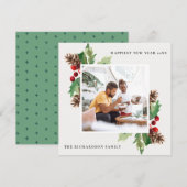 RED GREEN HOLLY BERRY PINE CONE NIEUW JAAR FOTO FEESTDAGENKAART (Voorkant / Achterkant)