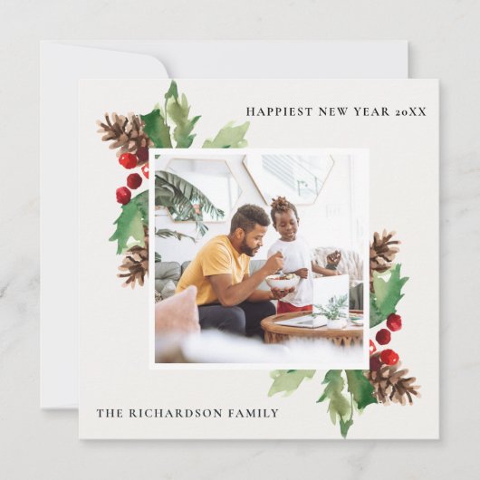 RED GREEN HOLLY BERRY PINE CONE NIEUW JAAR FOTO FEESTDAGENKAART (Voorkant)
