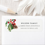 RED GREEN HOLLY BERRY PINE CONE NIEUW JAARADRES ETIKET (Insitu)