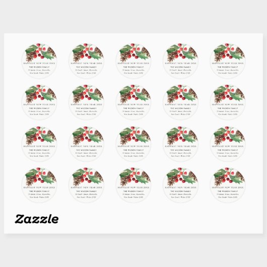 RED GREEN HOLLY BERRY PINE CONE NIEUW JAARADRES RONDE STICKER (Vel)